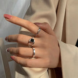 Daiiibabyyy Silver Color Geometry Punk Ring for Women Girl Birthday Gift Korean Irregular Open Black Agate Jewelry Dropshipping