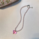 Daiiibabyyy  New Colorful Bead Necklace Sweet Cute Girlish Style Transparent Heart-Shaped Collarbone Chain Novel Necklace Women's Jewelry