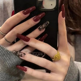 Daiiibabyyy  Long Trapezoidal Shape French Fake Nails Wearable Manicure Full Cover Press on Nails Vintage Style Wine Red Almond False Nail