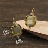 Daiiibabyyy  Retro Creative Golden Edging Geometry Hexagonal Green Crystal Imitation Pearl Dangle Earrings for Women Fashion Charm Jewelry