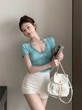 DAIIIBABYYY  -  Lace Ruffles Halter Top Tee Female Summer 2025 New Trend Fashionable Solid Color V-neck Short Sleeve T-Shirts Women's Sweet Tops