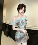 Daiiibabyyy  Sexy One-shoulder Mesh Printed Dress for Women in Pure Desire Style, Waist-hugging, Sexy Hot Girl Tight Buttocks