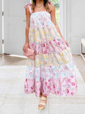 Daiiibabyyy  Elegant V-Neck Maxi Dress Sleeveless Ruffle Hem Evening Gown with Floral Print for Wedding Guest or Prom Party