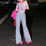 DAIIIBABYYY  -  Japanese Lolita Summer New Spliced Elasticized High-waisted Pocket Stripes Fashion Slim Comfortable All-match Casual Pants