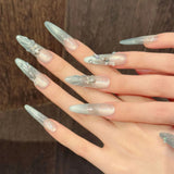 Daiiibabyyy  10pcs Handmade Press On Nails 3D Fish Tail Decor Almond False Nails Crystal Gradient Blue Cat's Eye Flash French Fake Nail Tips