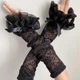 Daiiibabyyy  Women's Summer Lolita Jk Lace Fingerless Gloves Black Gothic Sleeves Trendy Elastic Long Lace Arm Sleeves Clothes Decoration