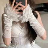 Daiiibabyyy  Women's Summer Lolita Jk Lace Fingerless Gloves Black Gothic Sleeves Trendy Elastic Long Lace Arm Sleeves Clothes Decoration