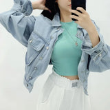 Daiiibabyyy  Women Cropped Denim Jacket Loose Oversized Balloon Sleeve Lapel Jean Coat Casual Daily Outerwear
