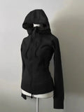 Daiiibabyyy  Grey Faux Fur Wool Double Zipper Jacket Hoodies Women's Slim Waist Hooded Vintage Y2k Coats Ropa Mujer Casual Fashion Sweatshirt
