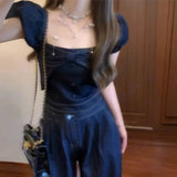 DAIIIBABYYY  -  Casual Denim Suit Women's Summer Bow Short-sleeved Top High Waist Wide Leg Pants Two-piece Set Fashion Female Clothes