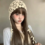 DAIIIBABYYY  -  Handmade Hollow Crochet Hats for Women Knitted Beanies Cap Ethnic Tie Pullover Hat Autumn Winter Breathable Crochet Caps
