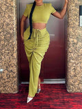 DAIIIBABYYY  -  Solid Chic Two Piece Sets for Women Round Neck Short Sleeve Tops High Waist Spliced Folds Chic Skirts Chic Set Female New