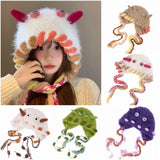 Daiiibabyyy  Creative Cartoon Animal Horn Knitted Hat Windproof Pullover Hats Thickened Ear Protection Beanies Hat For Woman Girls