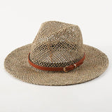 Daiiibabyyy  Sea Grass Summer Panama Hats for Women Sun Hat with Leather Shell Band Designer Flat Top Straw Fedora Hat Party Travel Beach Hat