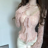 Daiiibabyyy  Spring Autumn Bow Strap Pink V-neck Long Sleeved Lace T-shirt Women Slim Fit Waist Cinching Design Base Top