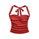 Daiiibabyyy  New Women's Fashion Sexy Backless Halter Neck Tie-up Ruched Tube Top Ultra-short Camisole Top In Solid Color Pure Desire F1MR