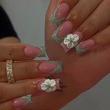 Daiiibabyyy  24Pcs Mid-length Square Head False Nails Press on Green French 3D Flower Design Fake Nails Reusable Finished Full Cover Nail Tip