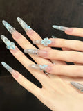 Daiiibabyyy  10pcs Handmade Long Oval Press On Nails Ice Blue 3D Butterfly Flower Design False Nail Tips For Wedding Wearable Fake Nails