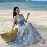 Daiiibabyyy  Blue Mermaid Princ Floral Embroidery Strap Dr Women's Beach Vaion Bal Waist Cinching Long Dr Summer Faion