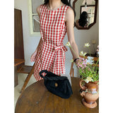 DAIIIBABYYY  -  Atmosphere Contrasting Color Checkered Lace Up Waist Cinched Sleeveless Dress