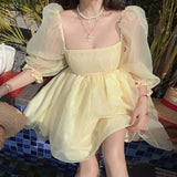 DAIIIBABYYY  -  Little Fresh Short Skirt Super Fairy Princess Skirt Summer Retro Square Neck Bubble Sleeves Light Yellow Fluffy Skirt
