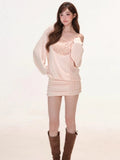 Daiiibabyyy  Sexy Two Piece Sets Women's Clothing Skew Collar Solid Pleated Bodycon Mini Dress + Y2k Glitter Vest Korean Autumn Suit