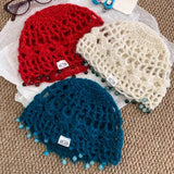 Daiiibabyyy  Bohemian Color Beaded Fringed Knitted Beanies Y2K Summer and Autumn Travel Fashion Versatile Breathable Pullover Hats Women