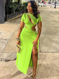 Daiiibabyyy  Women's Asymmetrical Hollow Out Ruched High Slit Cutout Fitted Dress Mint Green