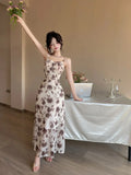 DAIIIBABYYY  -  New Blue Floral Mesh Chic Sling Maxi Dress Women Elegant Casual Beach Style Dress Summer Korean Fashion Bodycon Party Dress