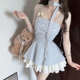 Daiiibabyyy  Women Sweet Blue Plaid Dress Sexy Backless Spaghetti Strap Slip Dress Summer Preppy Style Pleated Layered Mini Party Vestidos