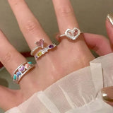 Daiiibabyyy  Y2K Pink Zircon Hollow Heart Rings for Women Minimalist Silver Color Opening Adjustable Ring Jewelry Wedding Gift