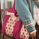 Daiiibabyyy  Y2k Aesthetic Women Dots Strawberry Print Shoulder Bags Japanese Lace Patchwork Shoulder Bags Fashion Luxury Design Underarm Bag