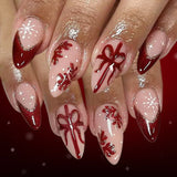 Daiiibabyyy  24Pcs Mid-length Almond Fake Nail Red Striped French Christmas Hat Press on False Nails Snowflake Wearable Full Cover Nails Tips