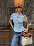 Daiiibabyyy  Light Blue Vintage Blouses Women Stand Collar Tie Neck Ruched Front Puff Short Sleeve Fitted Silhouette Tops Street Wear