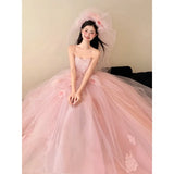 Daiiibabyyy  Pink Strapless Korea Long Wedding Dresses Princess Fairy A-Line Silk Tulle Party Evening Customized Photo Shoot Prom Gowns 웨딩드레스
