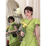 DAIIIBABYYY  -  Green Dress for Women Puff Sleeve Hollowed-Out Pleated Dresses Slimming Korean Fashion Hot Girls A-line Skirts Preppy Clothes