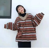 Daiiibabyyy  Women's Winter Clothes Woman V Neck Long Sleeve Loose Fit Oversized Striped Color Block Cotton Blend Hip Length Sweater Female