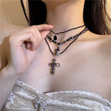 Daiiibabyyy  Multi Layer Dark Cross Leather Necklace Cross Punk Women Necklace Collarbone Chain Accessory New Jewelry Collection Gift ﻿