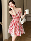 DAIIIBABYYY  -  Red Plaid Patchwork Lace A-Line Short Dress Women Elegant Bow Y2k Dress Summer Korean Fashion Bodycon Festival Party Dress