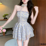 Daiiibabyyy  Princess Style Floral Lace Off-Shoulder Chiffon Dress Women's Summer Sleeveless Waist-Cinched Full Skirt Casual A-Line Dress