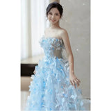 Daiiibabyyy  Fairy Blue 3D Followers Wedding Dress Women Photo Shoot A-line Evening Gown Dress Light Luxury Floor-Length Birthday Party Dress