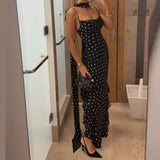 Daiiibabyyy  Elegant Polka Dot Print Ruffle Long Dress Summer Hollow Sleeveless Women Suspender Dress New Temperament Scarf Slim Party Dress