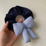 Daiiibabyyy  1PC Retro Blue Plaid Cotton-Filled Bow in Navy Blue Scrunchie - Fashionable, Ins Niche, New Style Ponytail Hair Tie for Women