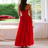 Daiiibabyyy  Fashion Lady V-neck Robe Dress Simple Solid Color Hollow Backless Women's Dress New Summer Casual Sleeveless Pleated Long Dress
