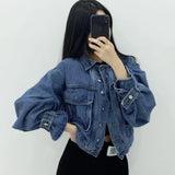 Daiiibabyyy  Women Cropped Denim Jacket Loose Oversized Balloon Sleeve Lapel Jean Coat Casual Daily Outerwear