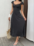 Daiiibabyyy  Black White Polka Dot Lace Trim Heart Neck Puff Sleeve Ruched Waist A-Line Midi Dress