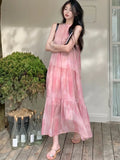 DAIIIBABYYY  -  Pink Tie Dye Beach Long Dress Women Elegant Casual Sleeveless Sweet Tanks Dress Casual Vintage Summer Lady Loose Long Dress