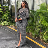 Daiiibabyyy  Elegant Party Dress for Woman Evening Knit Long Dress High Neck Sheer Mesh Maxi Dress Side Slit Wrap Waist Black And White
