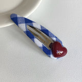 Daiiibabyyy  1PC Cute Blue And White Plaid Hair Clips With Red Heart Decor, 2 - Piece Sweet Hairpins, Lovely Hair Accessories For Girls
