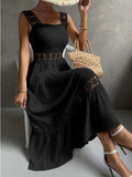 Daiiibabyyy Hollow Out Elegant Dress Women Solid Sexy Midi Dress Female Fashion Square Collar Spaghetti Off Shoulder Boho Beach Dress Summer
